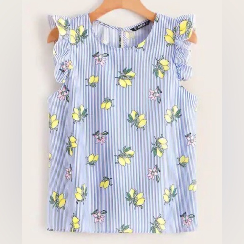 SHEIN Blue White Striped Lemon Fruit Print Ruffle Armhole Top Blouse Large